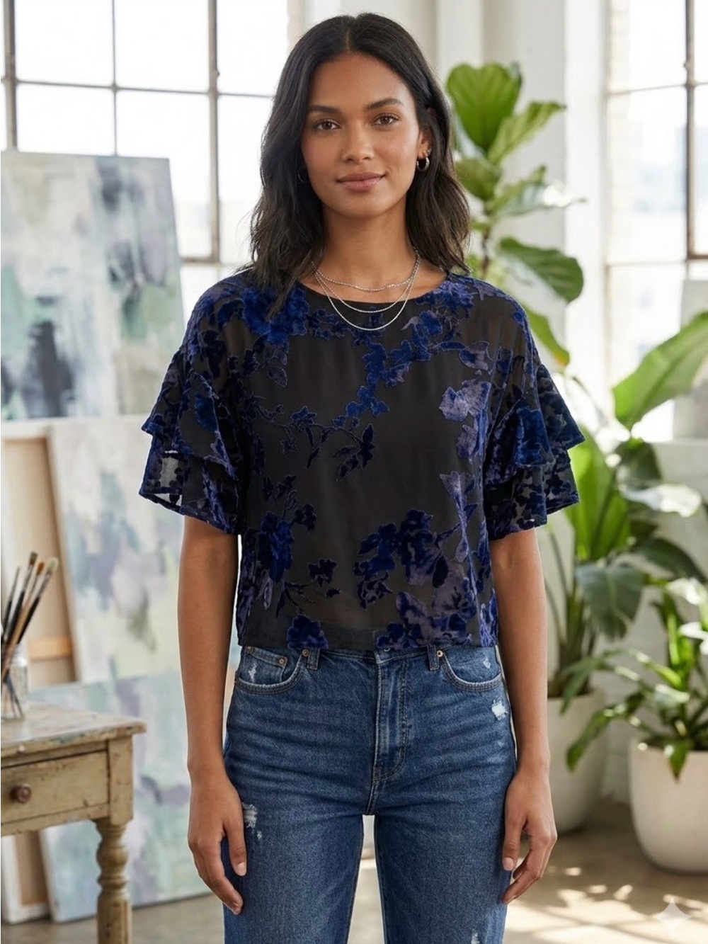 Lily White Black and Bluish Purple Velvet Top Floral blouse Ruffled Sleeves